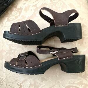 NEW VERKA Swedish Buckle Cutout Detail Leather Low Heel Clogs in Brown